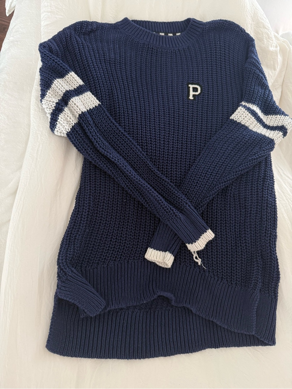 Navy Blue Knit Sweater with White Stripes and P Patch